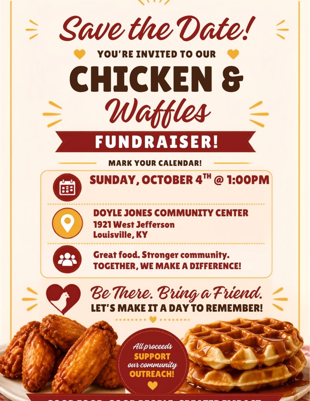 Save the Date: Chicken and Waffles Fundraiser, Sunday, October 4 at 1:00 PM at Doyle Jones Community Center. Event details are listed above.